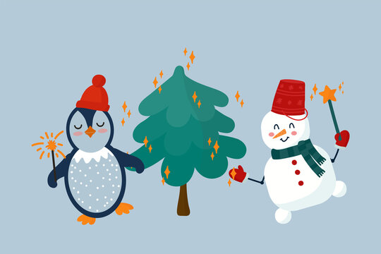 Christmas and New Year illustration with cute animals with seasonal elements. Children decorate the Christmas tree. The festive scene of the winter poster. Vector illustration