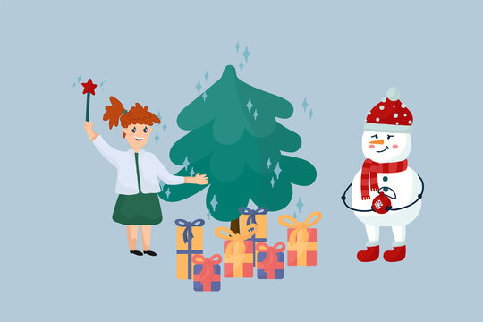 Christmas and New Year with a Christmas tree and cute animals. Winter poster with a Snowman and children decorating a Christmas tree. Vector illustration
