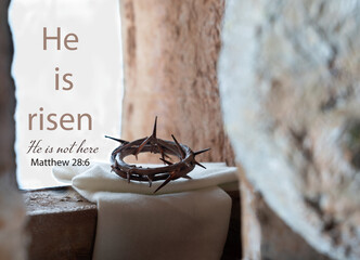  Crown of thorns with Shroud on Empty Tomb and text Matthew 28:6.
Easter or Resurrection concept....
