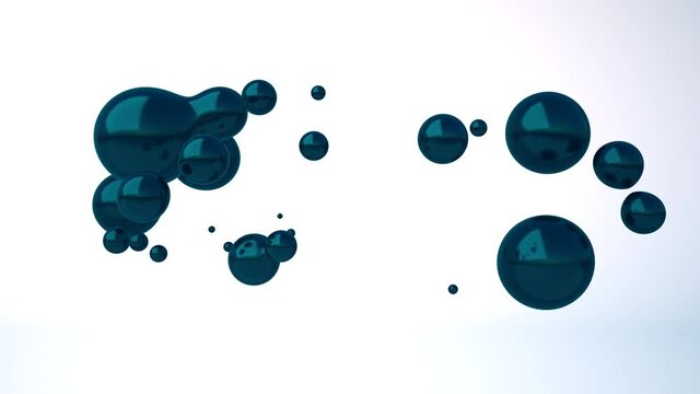 3D animation of the merge balls, drops of oil in a single bowl, a sphere, a big drop. Emerald color, white background, looped video
