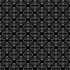 Background pattern with decorative floral ornaments on a black background. Fabric texture swatch, seamless wallpaper. Vector illustration