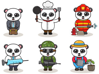 Set of Cute Cartoon Panda isolated on a white background. Vector illustration with cute Panda of different professions. cute job Animal cartoon bundle set.
