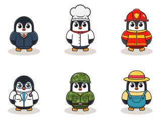 Vector illustration with cute Penguin of different professions. cute job Animal cartoon bundle set.