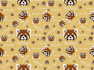 red panda cartoon character seamless pattern on yellow background. Pixel style