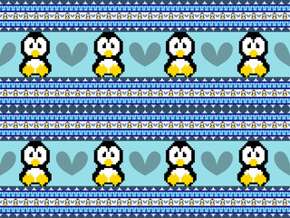 penguin cartoon character seamless pattern on blue background. Pixel style