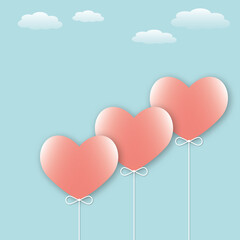 Fototapeta na wymiar Pink hearts with clouds on blue sky background. Greeting card for Valentine, Wedding, Mother’s, Father's day, birthday, poster and postcard, banner love concept. copy space. paper art design style.