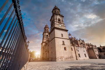 Mexico, Michoacan, famous scenic Morelia Cathedral located on Plaza de Armas in historic city...