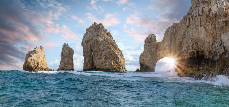 Scenic landmark tourist destination Arch of Cabo San Lucas, El Arco, whale watching and snorkeling spot.