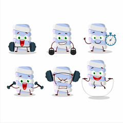 Obraz premium A healthy blue marshmallow twist cartoon style trying some tools on Fitness center