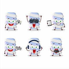 Blue marshmallow twist cartoon character are playing games with various cute emoticons