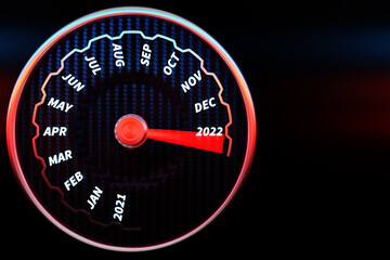 3D illustration Close up Instrument automobile panel with speedometer, tachometer, which says Merry Christmas 2021, 2022. The concept of the new year and Christmas in the automotive field.