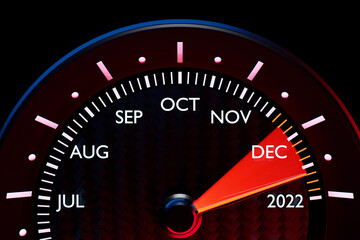 3D illustration of a detailed speedometer close-up showing the end of 2021 and the beginning of 2022. Counting months, time until the new year.