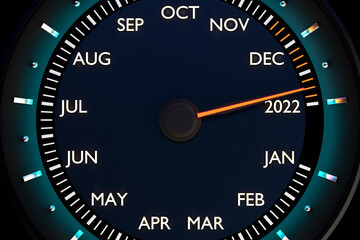 3D illustration close up black speedometer with cutoffs 2021,2022 and calendar months. The concept of the new year and Christmas in the automotive field. Counting months, time until the new year.