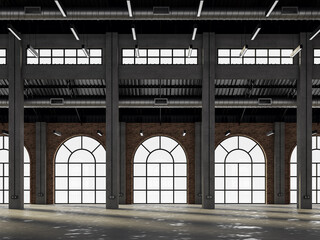 Industrial loft style old warehouse interior with arch shape window 3d render,brick wall,concrete floor and black steel roof structure