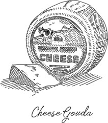 Gouda cheese block. Cheese Gouda block with the label on it and the slice of cheese next to it. Sketchy hand-drawn illustration.