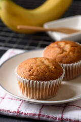 Healthy breakfast banana cake on black background