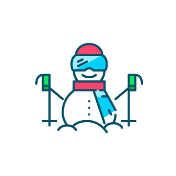 Snowman wearing goggles, helmet and scarf and holding ski poles. Winter holiday vacation. Pixel perfect, editable stroke colorful icon