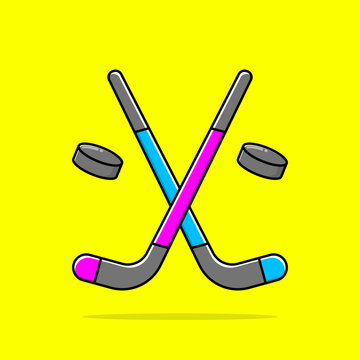 Hokey stick and hockey ball icon illustration