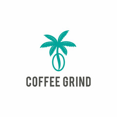 Coffee bean logo illustration with green palm tree