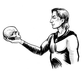 Ink black and white drawing of a hamlet with a skull