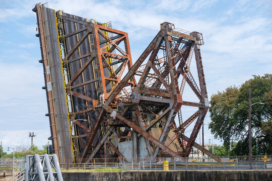 St. Claude Avenue Drawbridge In Upright Position Over The Industrial Canal In New Orleans, Louisiana, USA