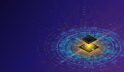 CPU Chip on Motherboard. Central Computer Processors CPU concept. Quantum computer, large data processing, database concept. Futuristic microchip processor. Digital chip.