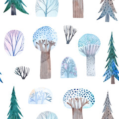 Abstract seamless pattern with winter forest. Watercolor seamless pattern. Trees, bushes, snow. Trendy hand drawn textures.