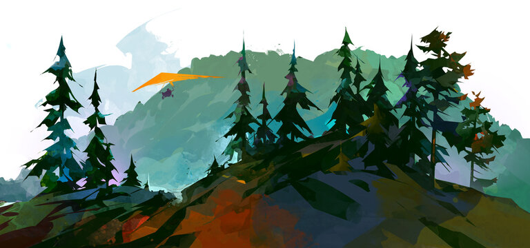 Painted color landscape with mountains, fir trees and hang glider