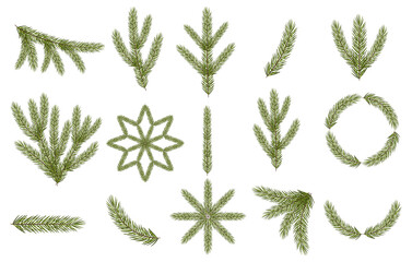 Set of christmas tree branches. New year spruce branch design elements for social media templates, posts, stories, postcard, card, banner,greeting.