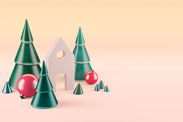 New Year's luxury card. Ceramic fir trees and house, Christmas balls on the tree. 3d render