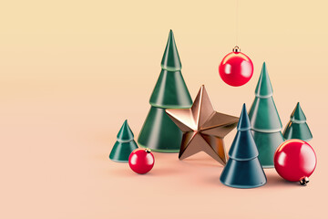New Year's luxury card. Gold star, ceramic spruce and Christmas balls on the tree. 3d render