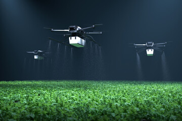 Drone spraying fertilizer on vegetable green plants, Agriculture technology, Farm automation.