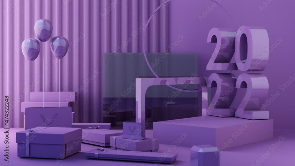Poster letters of 2022 in the concept of new year, purple pink trend color tones, surrounded by geometric s