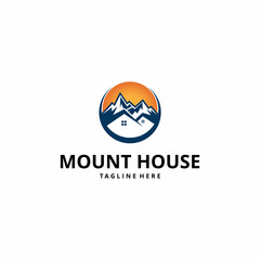 Mountain real estate illustration with house shape logo design vector