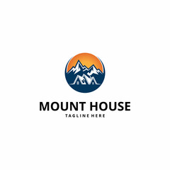 Mountain real estate illustration with house shape logo design vector
