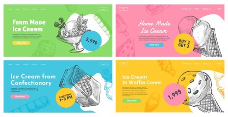 Ice cream food, landing banner set, vector illustration