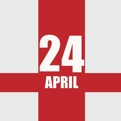 April 24. 24th day of month, calendar date.White numbers and text on red intersecting stripes. Concept of day of year, time planner, spring month.