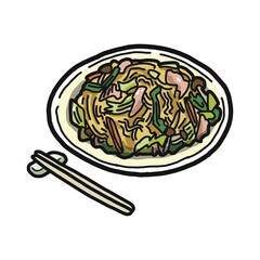 お皿に盛りつけられた焼きそばのイラスト
