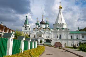 Fototapeta na wymiar Ancient Ascension Pecherskiy Monastery on a cloudy August day. Nizhny Novgorod, Russia