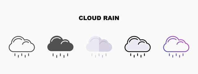 Cloud Rain icon set with different styles. Icons designed in outline, flat, glyph, line colored and gradient. Can be used for web, mobile, ui and more. Enjoy this icon for your project.