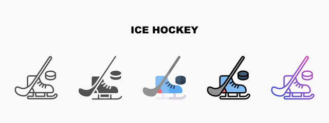 Ice Hockey icon set with different styles. Icons designed in outline, flat, glyph, line colored and gradient. Can be used for web, mobile, ui and more. Enjoy this icon for your project.