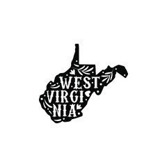 West Virginia state map with doodle decorative ornaments. For printing on souvenirs and T-shirts