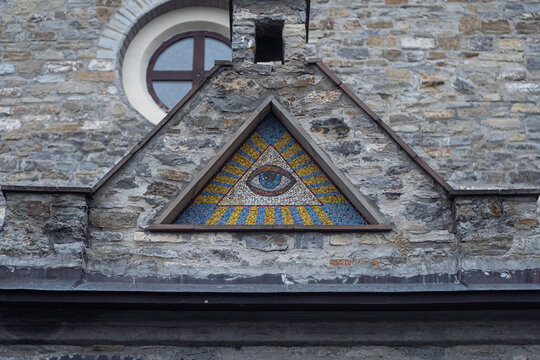 Mosaic of the Eye of Providence at the Church of the Holy Trinity. Kamianets-Podilskyi, Khmelnytsky oblast, Ukraine - November, 2021.