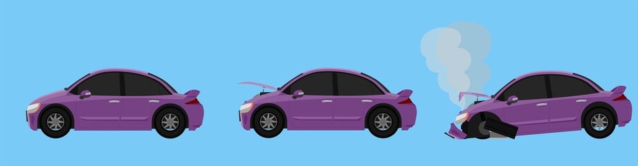 Obraz premium Cartoon vector or illustration. Status of the soft Magenta car from normal car to the car was slightly damaged. until the car was severely damaged Damage the entire front with smoke.