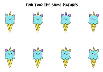 Find two identical unicorn ice creams. Educational game for preschool children.