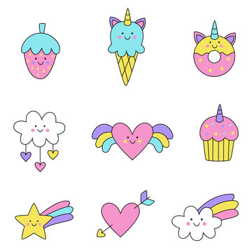 Collection of cute kawaii vector pictures on white background.
