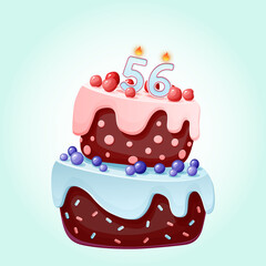Fifty six years birthday cake with candles number 56. Cute cartoon festive vector image. Chocolate biscuit with berries, cherries and blueberries. Happy Birthday illustration for parties