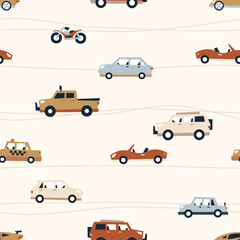 Seamless pattern small cars traffic isolated on white background, flat style. Cute print, fabric, wallpaper. Vector cartoon