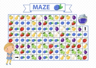 Maze game for children. Find the correct path by blue berries. Cartoon boy and jam