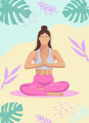 the girl is doing yoga sitting in the lotus position against the background of nature and plants